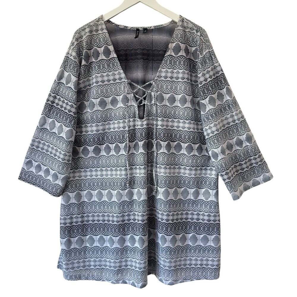 Portocruz Tunic Cover Up Swim Womens Size 2X Gray White Lace Up Semi Sheer